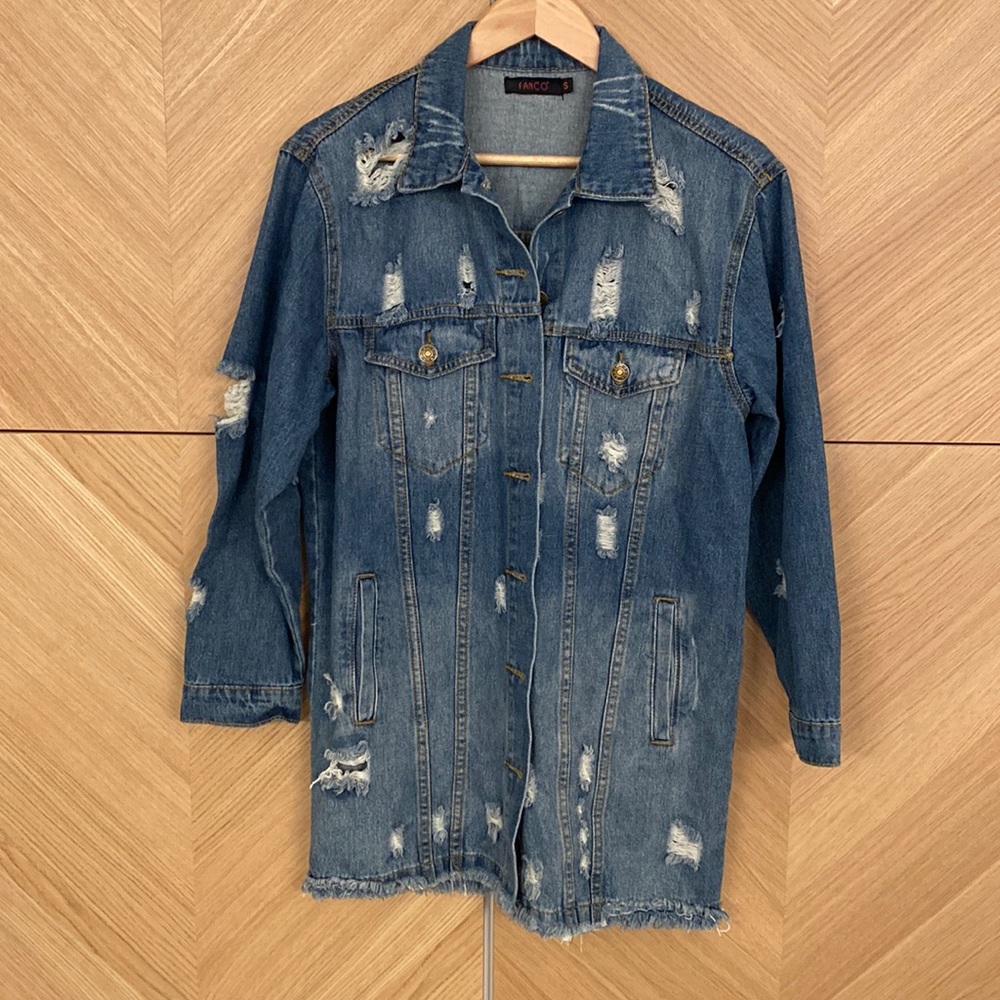 Fanco Long Distressed Denim Jacket with Graffiti & Embroidered Floral Detail - Picture 2 of 6